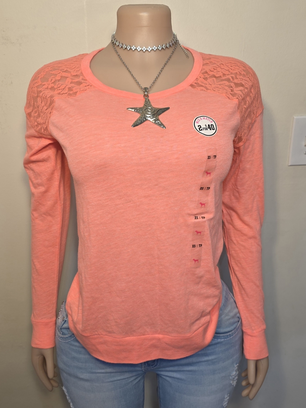 PINK Victoria's Secret Coral Lace Shoulder Long Sleeve Top